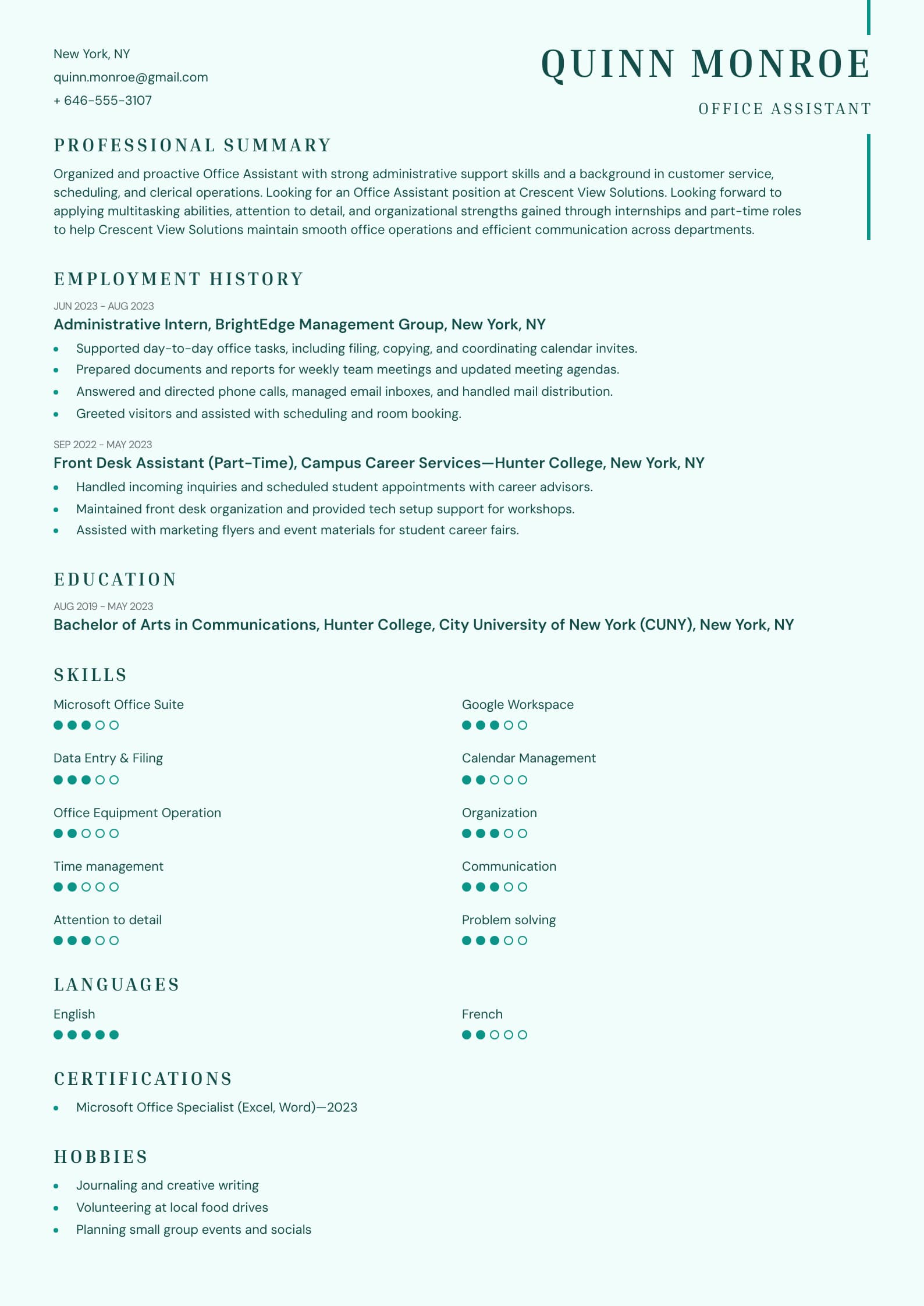Junior Office Assistant Resume