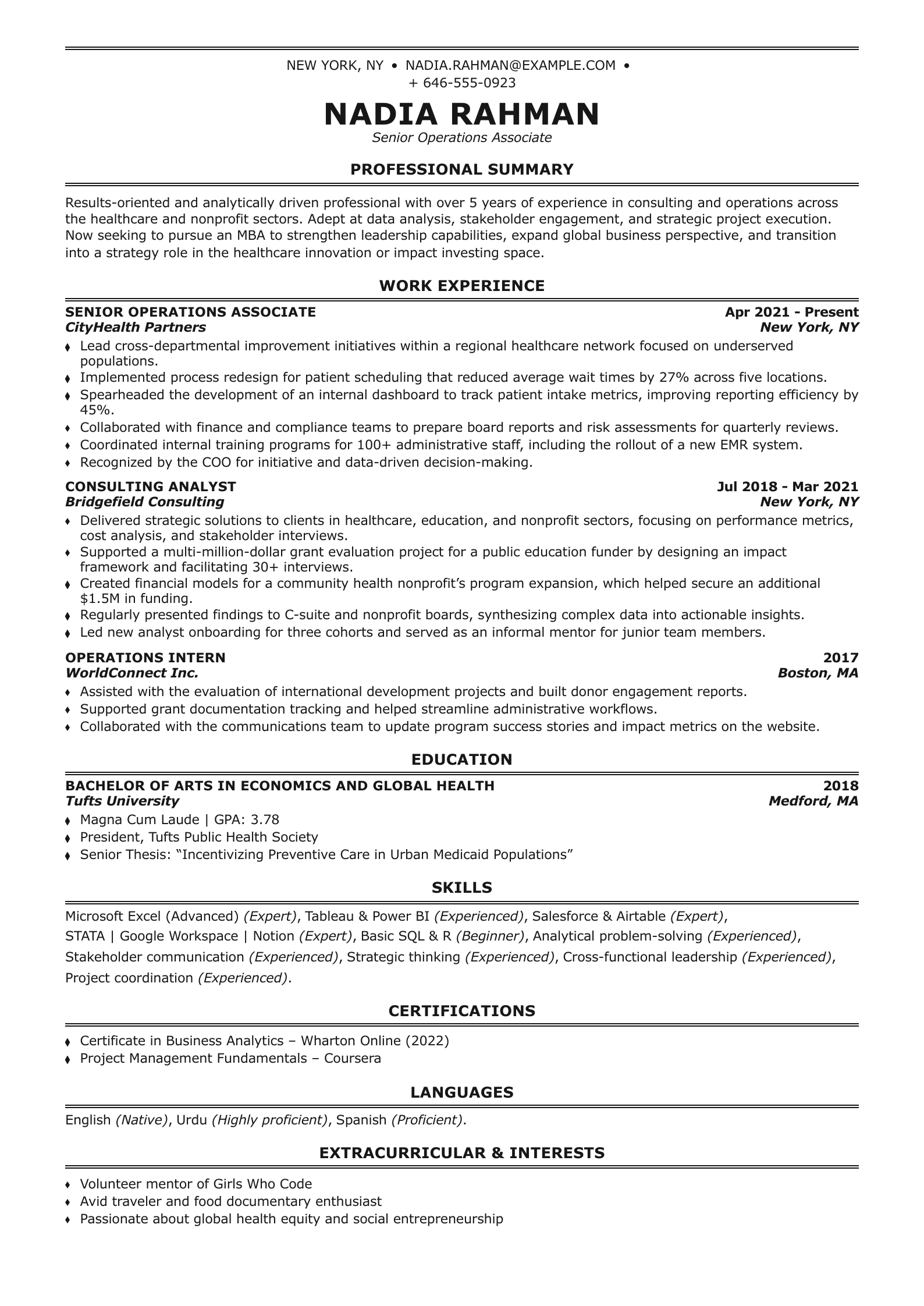MBA Application Resume