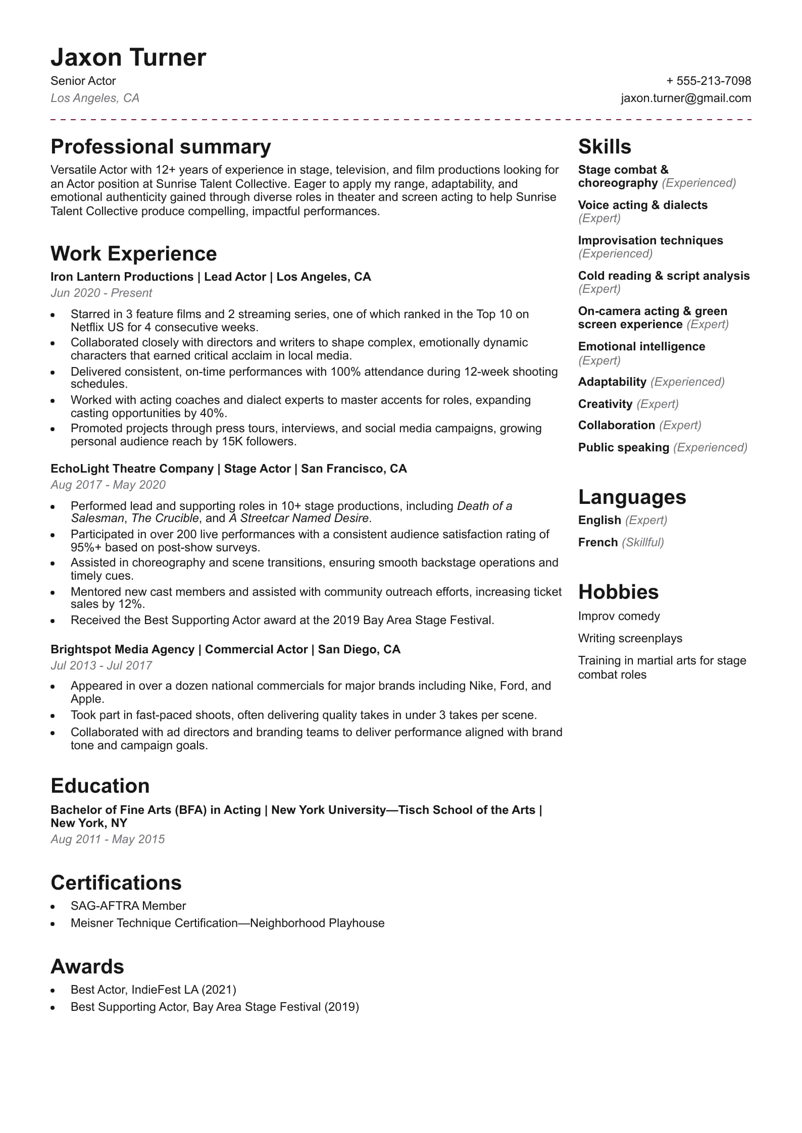 Senior Actor Resume