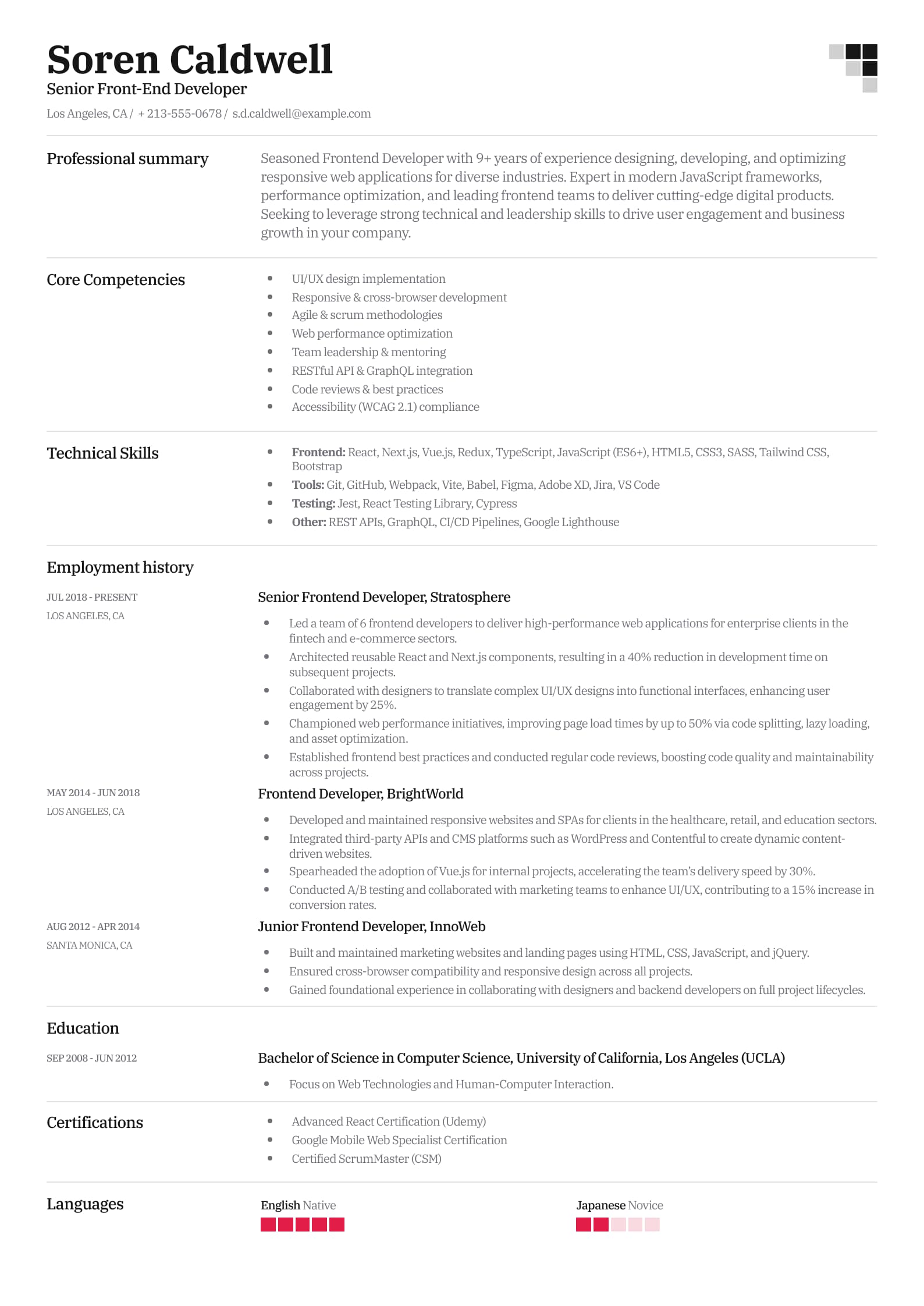Senior Front-End Developer Resume