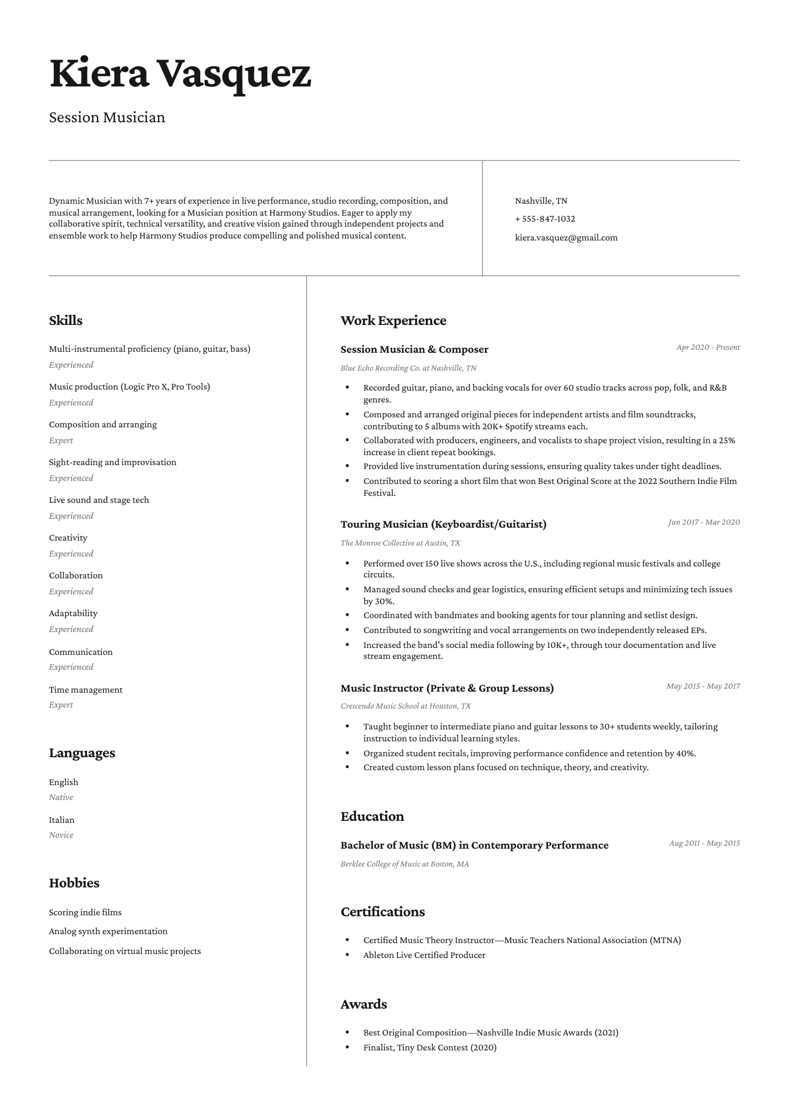 Session Musician Resume