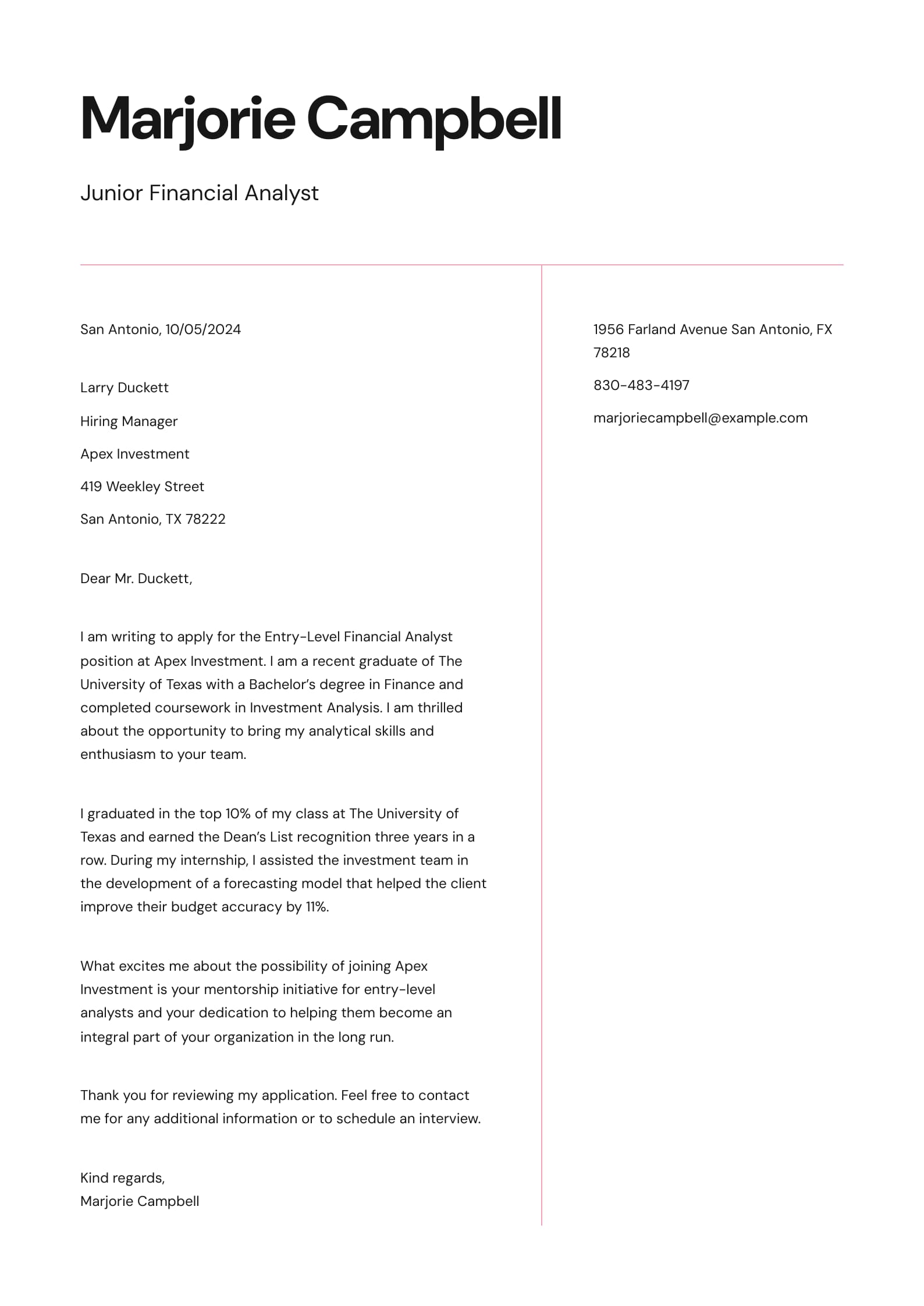 Entry-Level Financial Analyst Cover Letter Example
