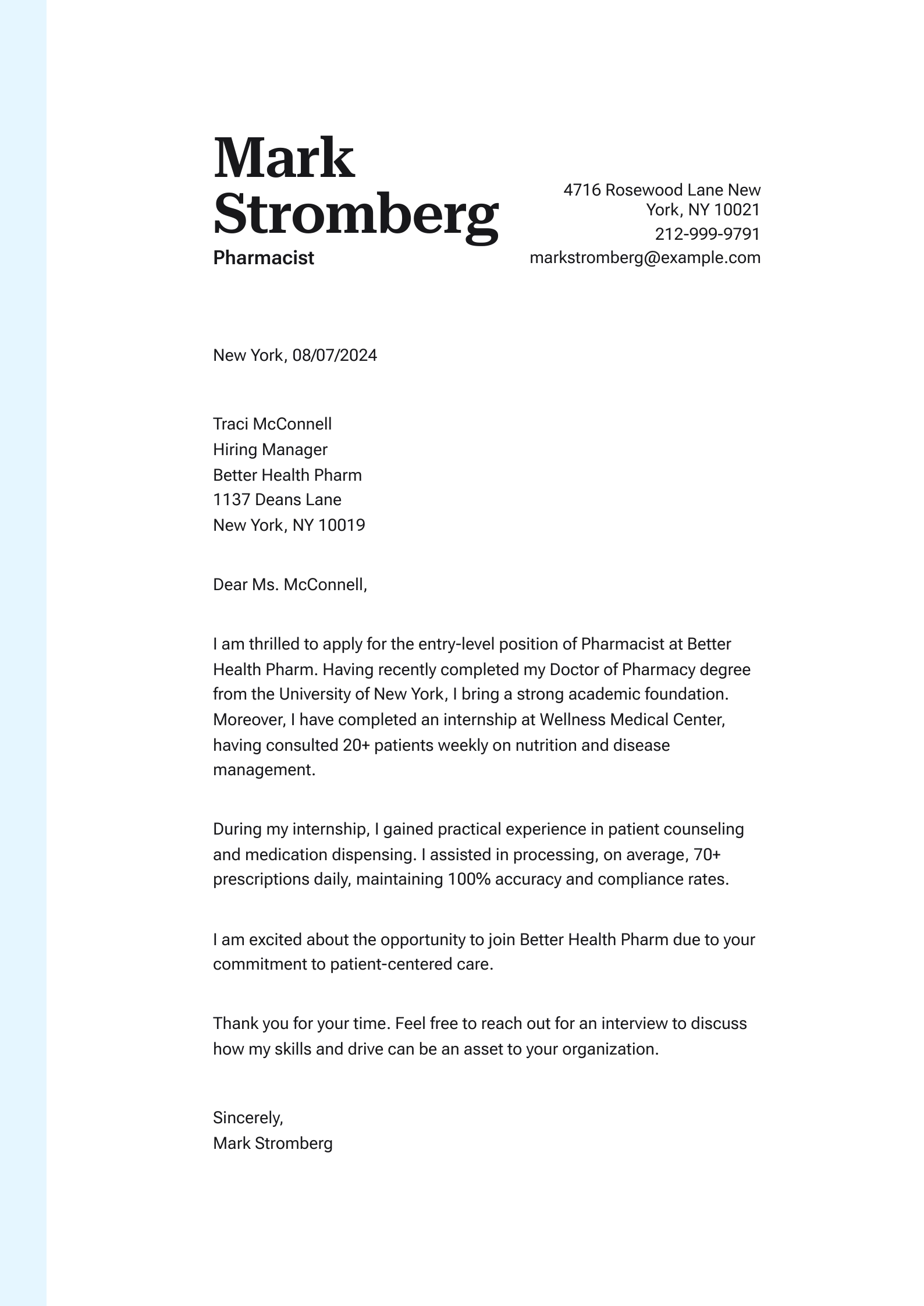 #2. Pharmacist Cover Letter Without Experience