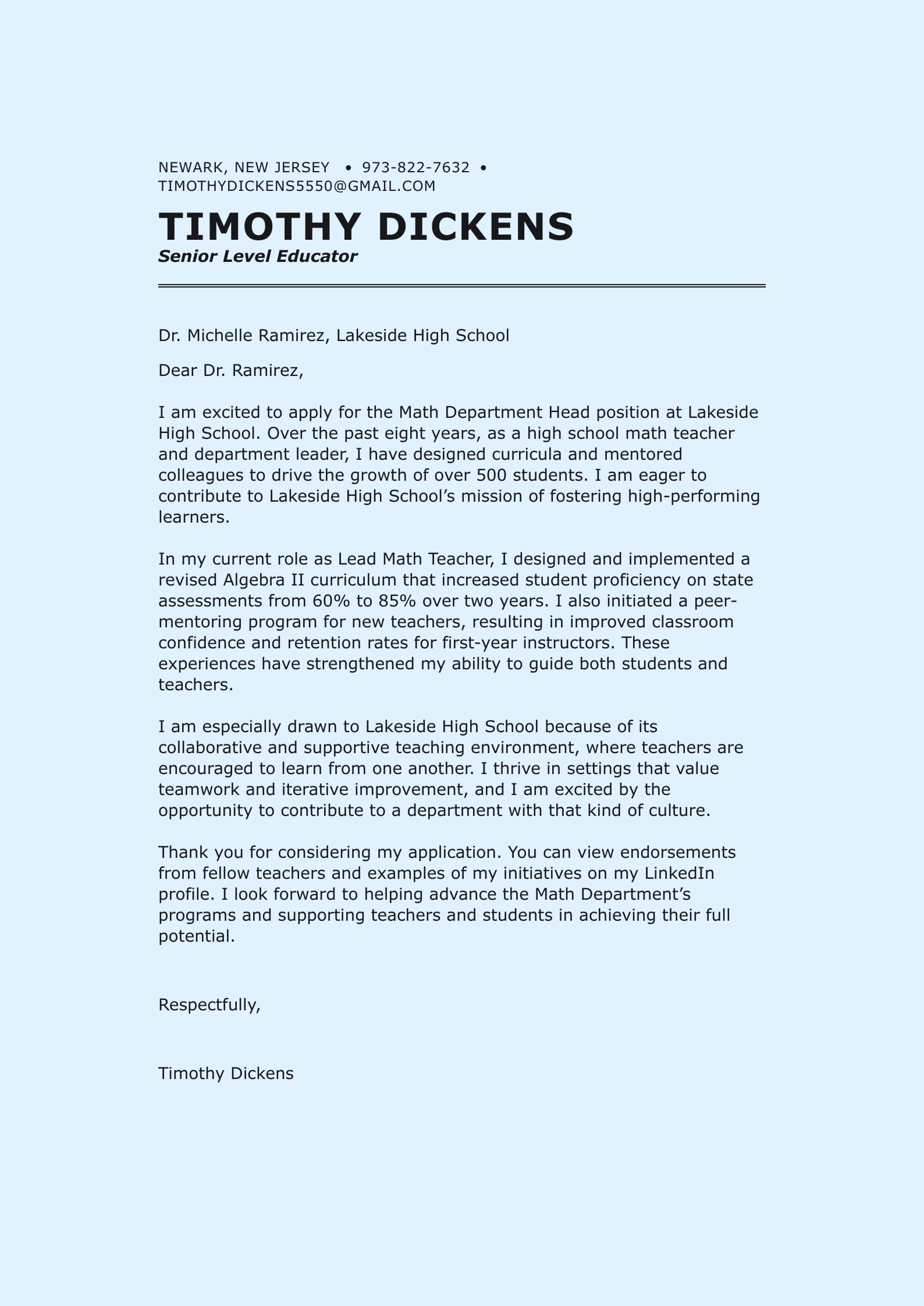 Senior Level Educator Cover Letter Example