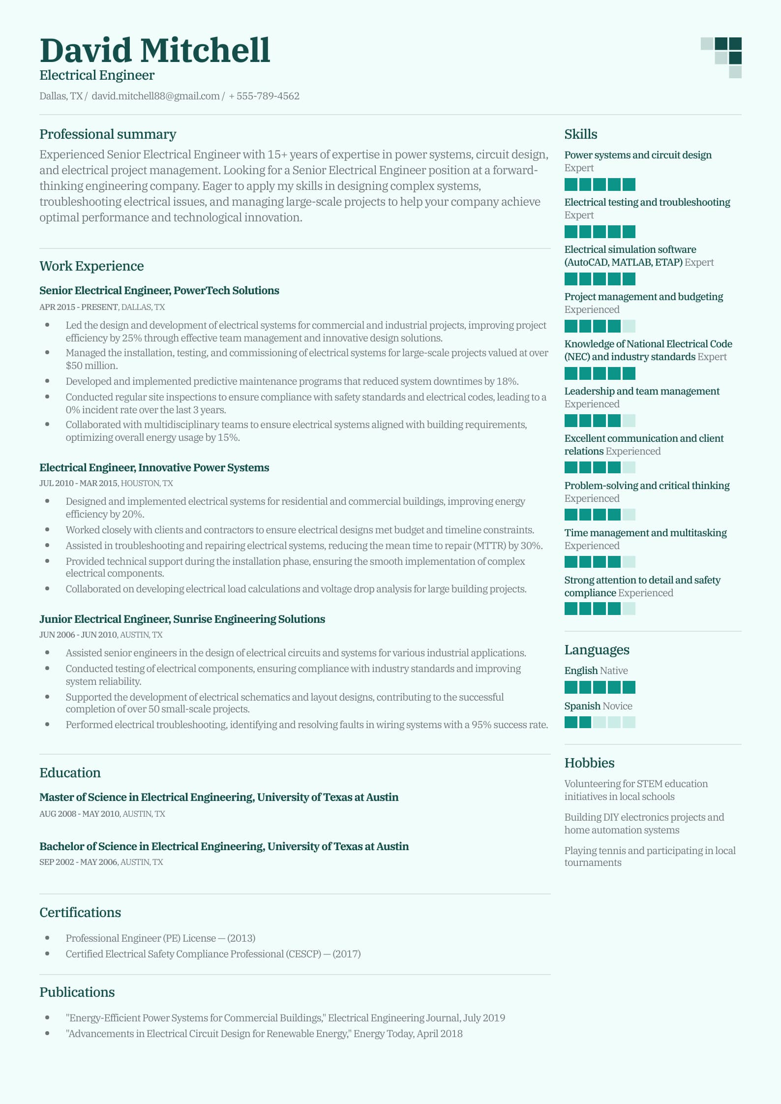 Electrical Engineer Resume Example