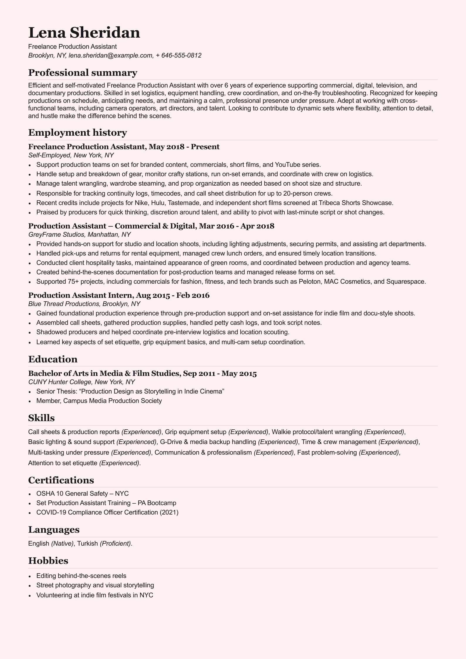 Freelance Production Assistant