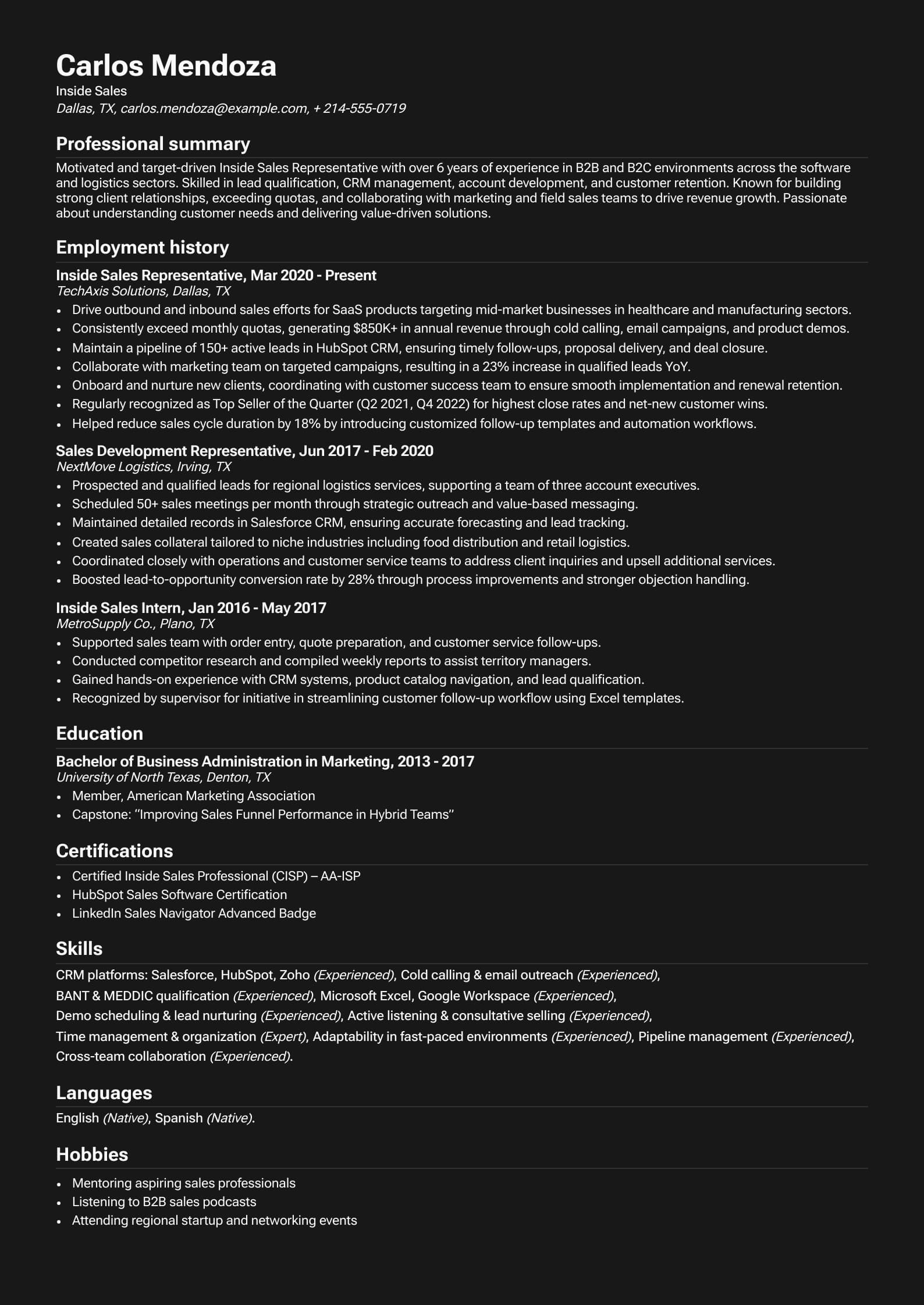 Inside Sales Resume