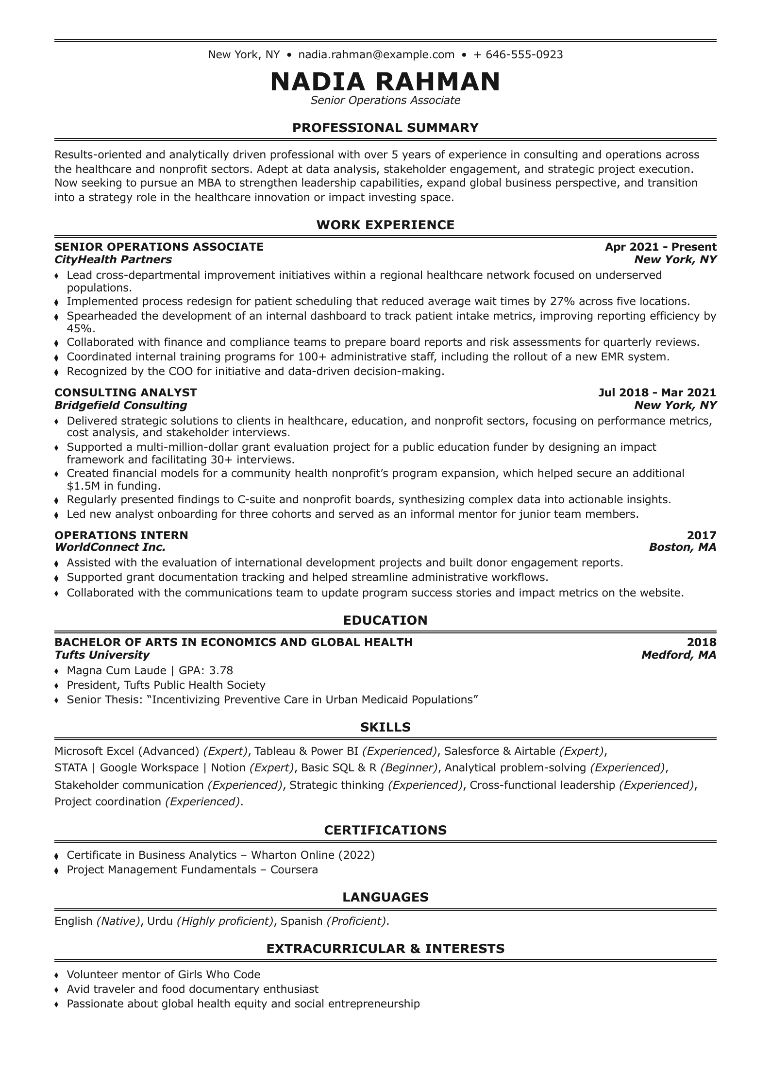 MBA Application Resume