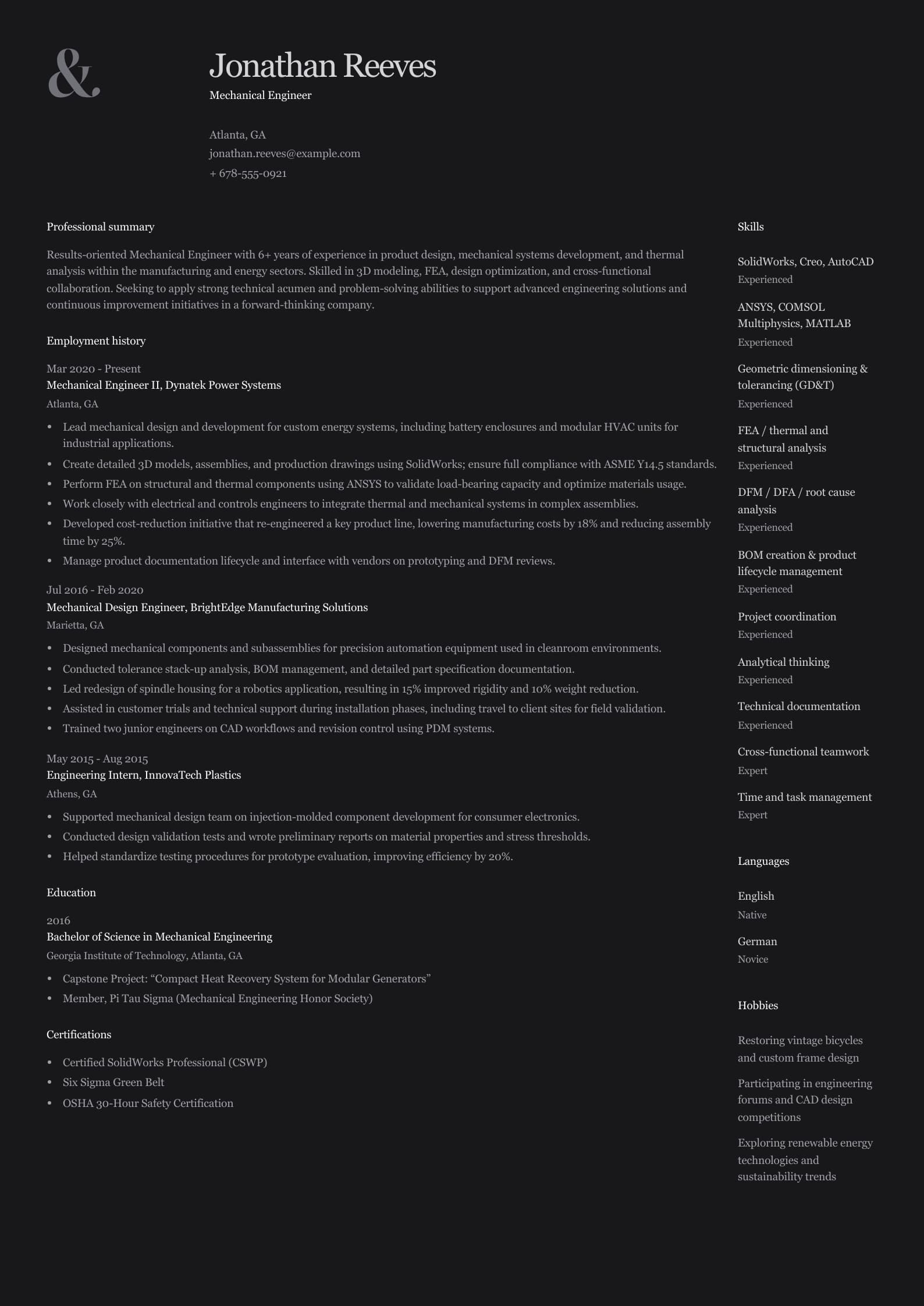 Mechanical Engineering Resume Example