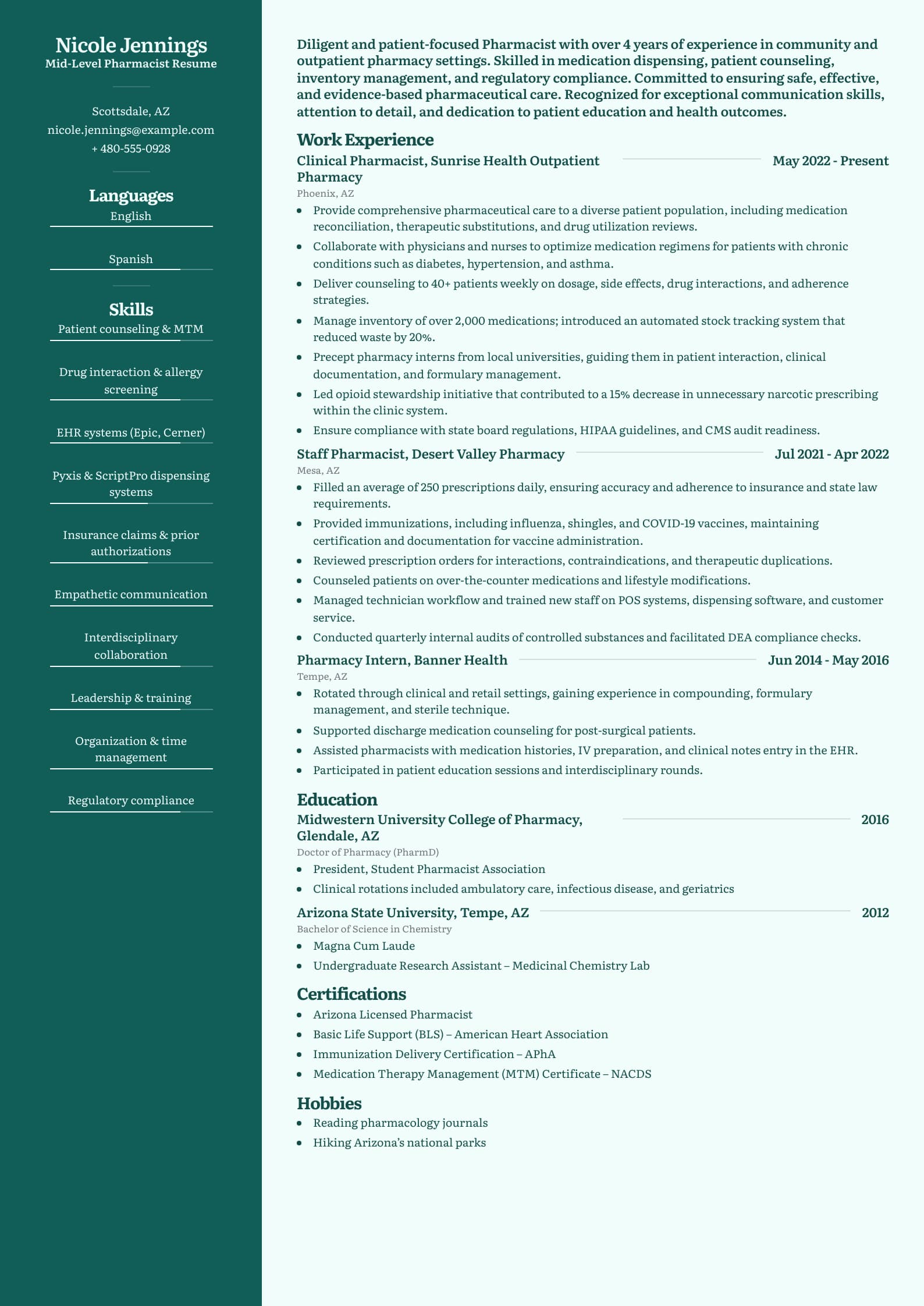 Mid-Level Pharmacist Resume