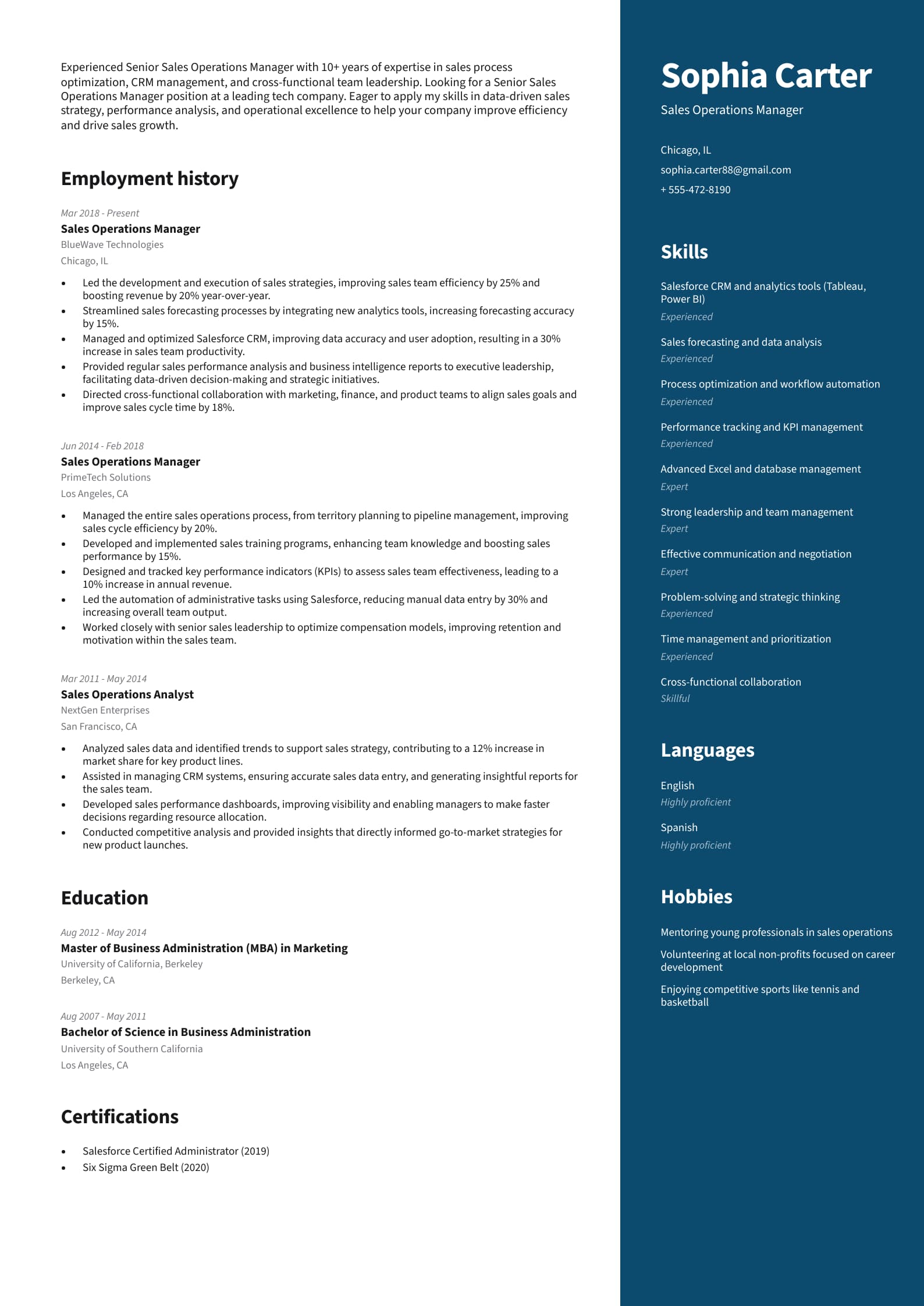 Sales Operations Manager Resume