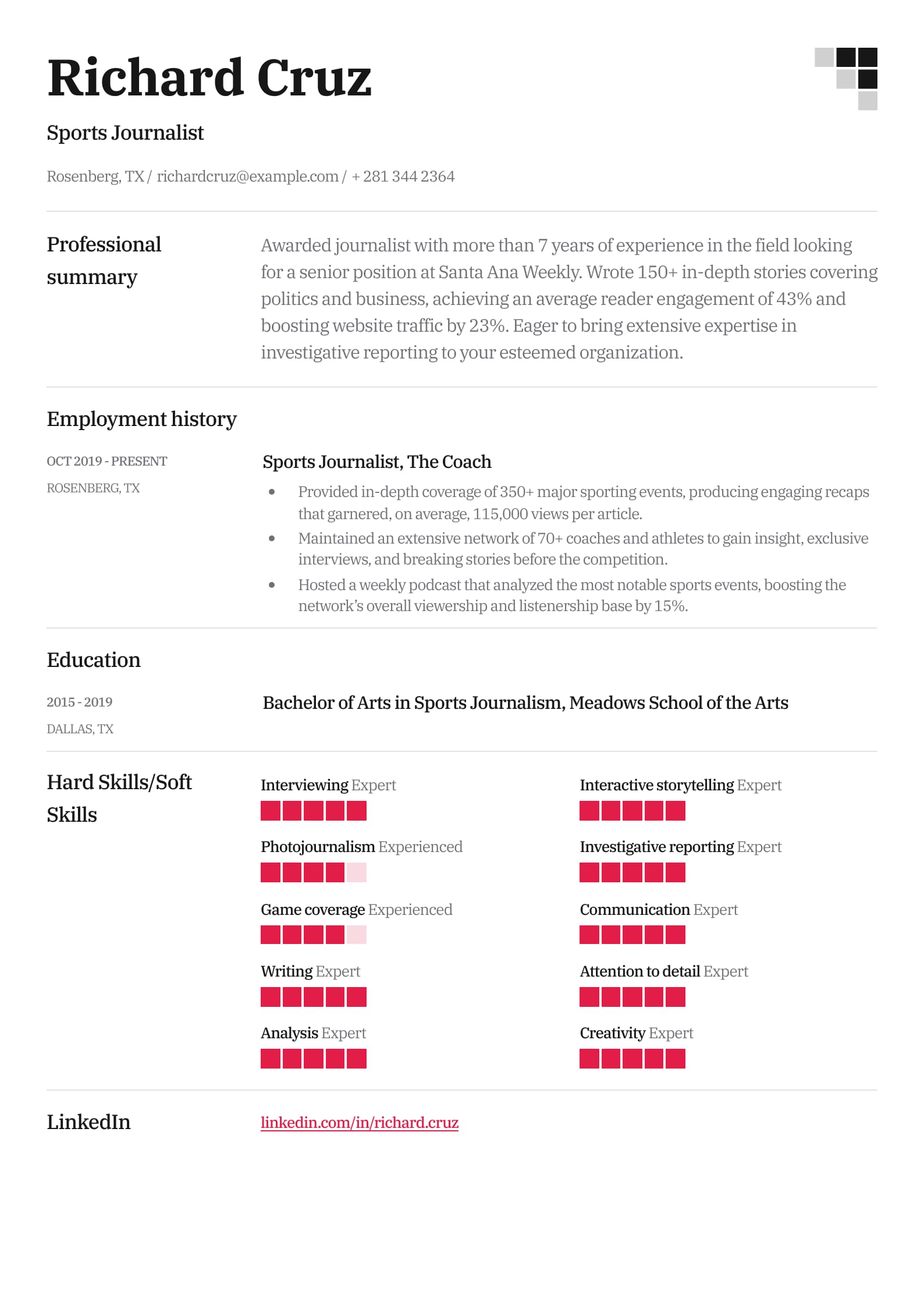 #3. Sports Journalist Resume Example