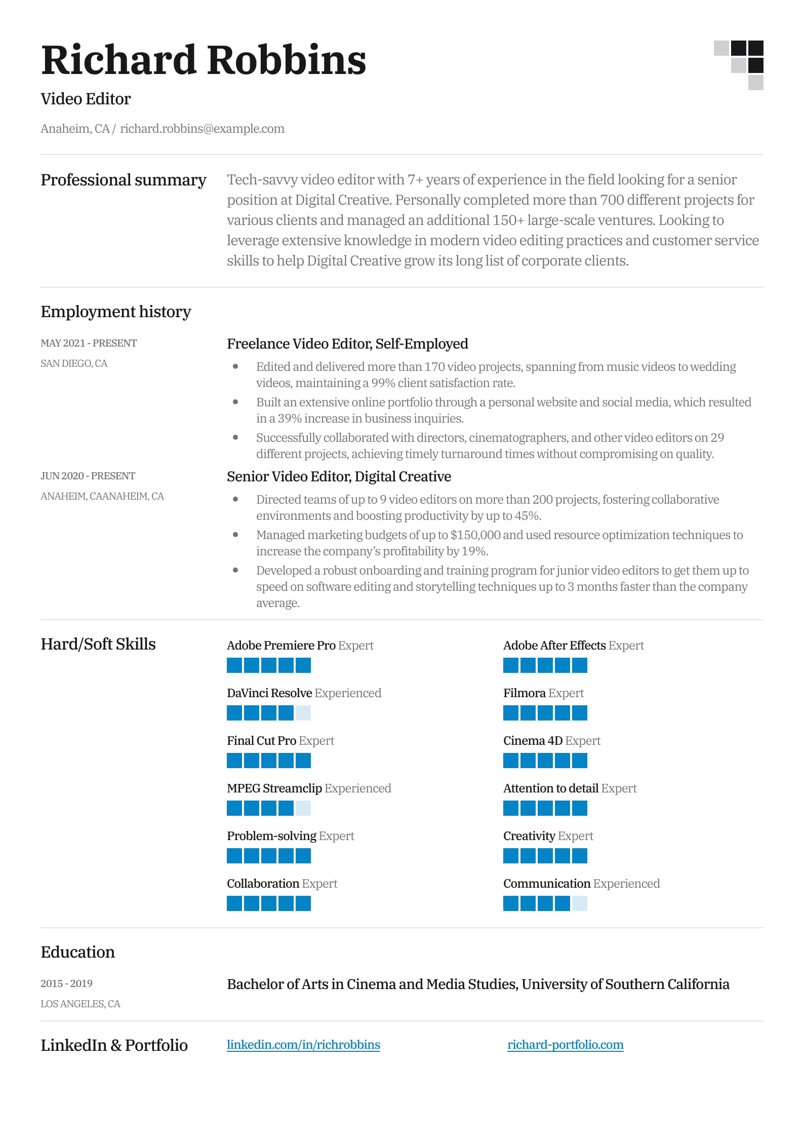 Chronological Resume Layout Example